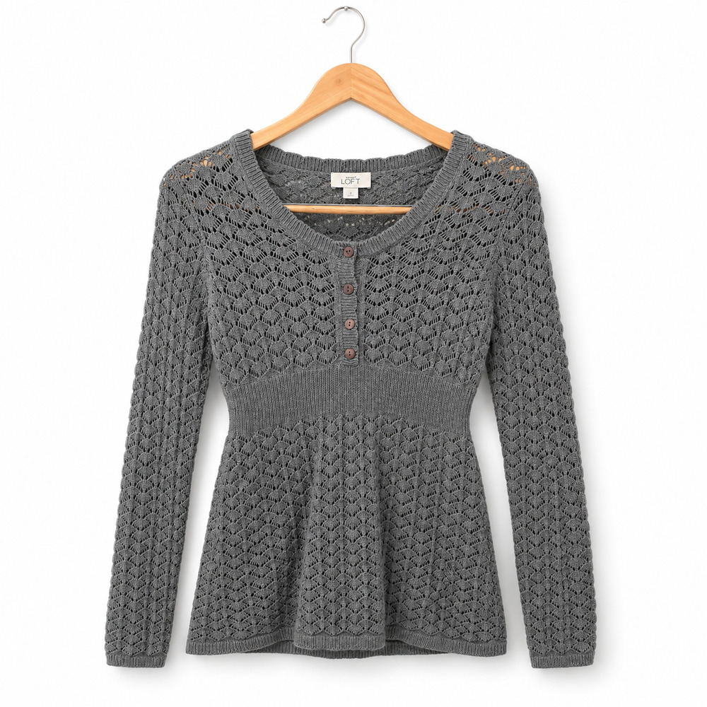Vintage Ann Taylor Loft Crochet Sweater Womens Size Small Gray Fairy Whimsigoth